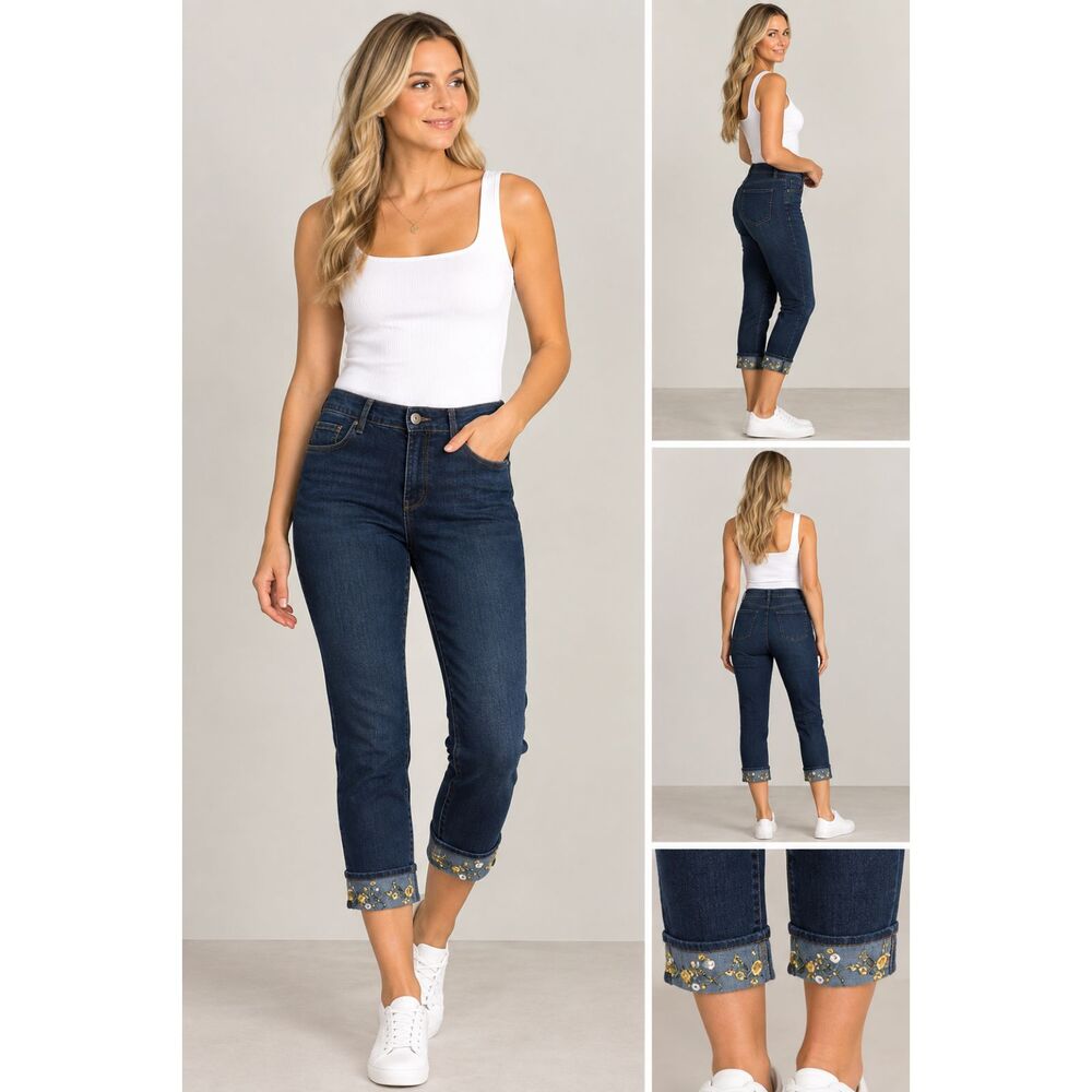 Sandpiper Petite Jeans Size 8P NWT Dark Wash Embroidered Cuff Denim